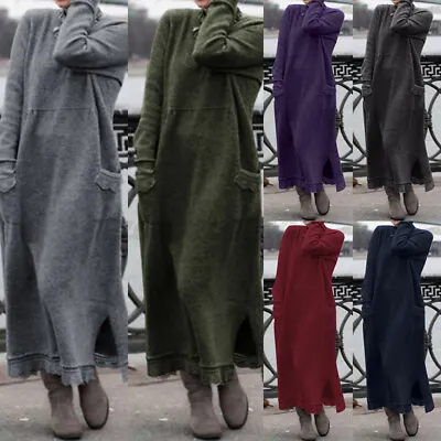 Women's Autumn Winter Long Maxi Kaftan Abaya Lace Trim Sweatshirt Jumper Dress • $31.34