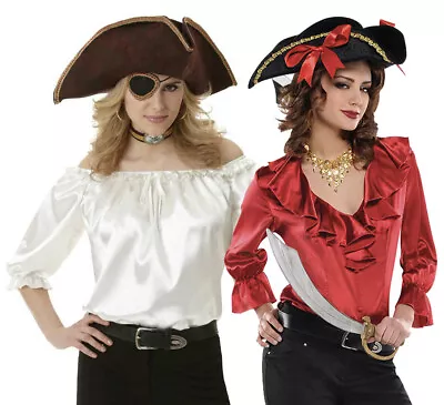 Ladies Pirate Fancy Dress Shirt Blouse Buccaneer Ivory Red Caribbean Costume • £5.99