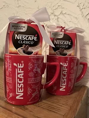 2 Nescafe Red & White Reindeer Cup Mug Coffee Ceramic Collectible Gift Pack 11oz • $11
