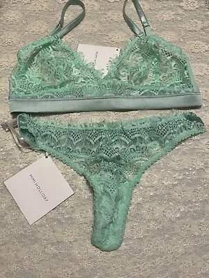 Mimi Holliday Bisou Bisou M Bralette Lace Silk Culotte Thong Set Aquamint Green • £106.16