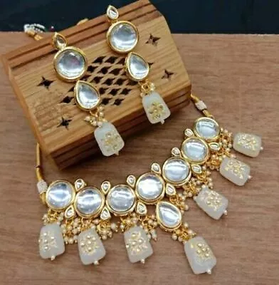 Polki Kundan Necklace Earrings Pearl Bollywood Indian Gold Plated Jewelry Set • $33.59