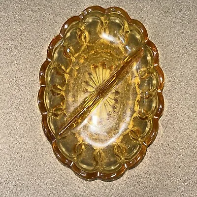 MCM Amber Gold Thumbprint Starburst Pressed Glass Divided Candy Relish Dish 7” • $12.99