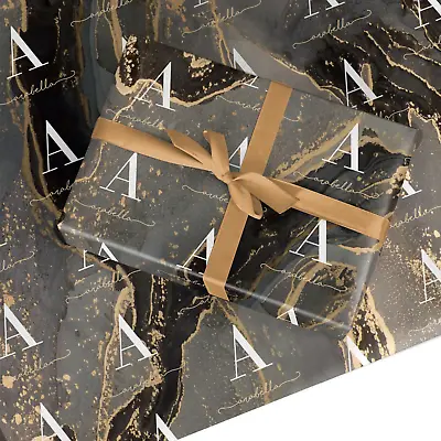 Personalised Wrapping Paper Dyefor Black Gold Marble Initial & Name Gift Wrap • £15.99