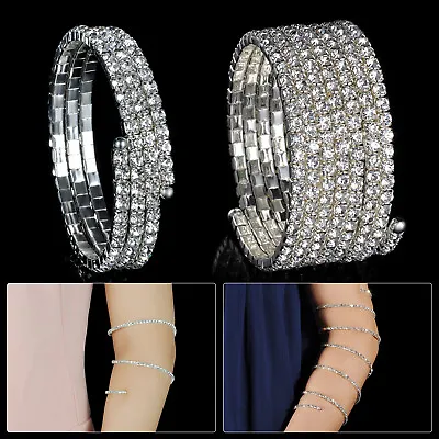 Silver Upper Arm Cuff Swirl Bracelets With Rhinestones Diamonds For Women Ladies • £6.99