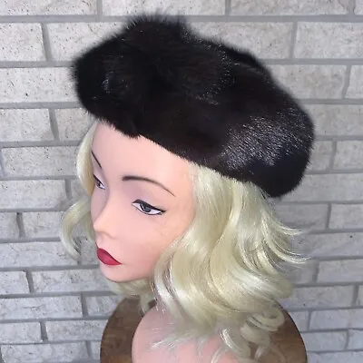 Vintage Shaded Natural Brown Mink Beret Style Fur Lined Hat 23 Circumference • $50