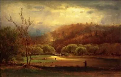 Art Oil Painting George-Inness-Fishing Fisherman By River Landscape Art • $75.99