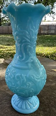 Vtg Portieux Vallerysthal Blue Opaline Milk Glass Vase Unique Goat Heads France • $125