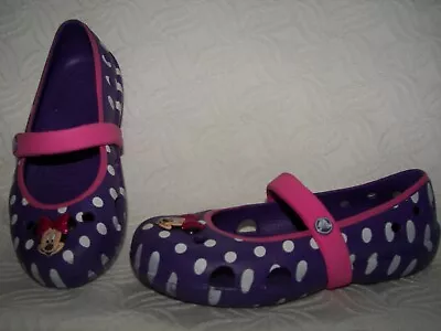 Toddler Girls Purple Crocs Mary Jane Minnie Mouse Shoes Flats Size C 12 • $10.49