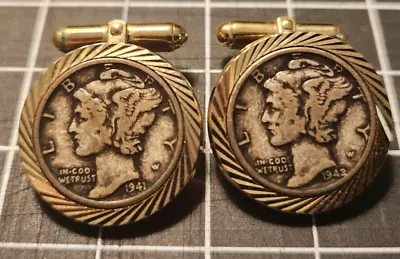 Silver Mercury Dime Goldtone Rope Bezel Coin Cuff Links • $4.99