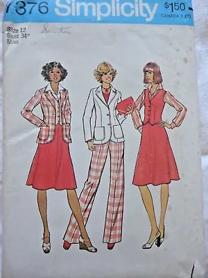 1970's Vintage Pant Suit Pattern Simplicity Printed Pattern  7376 Size 12 B. 34 • $8.50