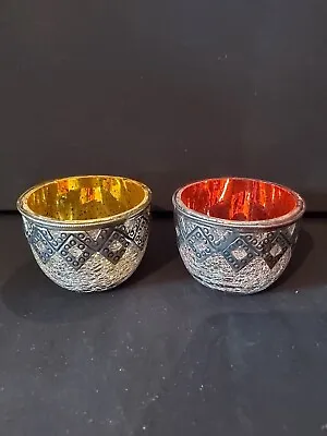 A Pair Of Recycled Crackle Glass & Embossed Metal Indian Tealight Holders • £11.99