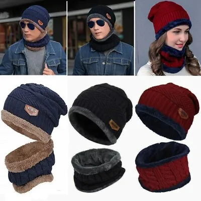Men Women Hat Winter Knitted Neck Warm Scarf Beanie Fleece Ski Cap Hat Slouch AU • $12.99