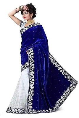 Women's Velvet & Rasal Net Half & Half Saree With Unstitched Blouse Piece Blue • £25.19