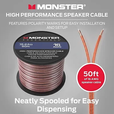 Monster Copper Clad Aluminum CCA Speaker Wire 16 Gauge Cable 50 FT Spool - Ideal • $33.33