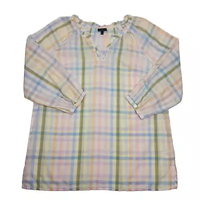 Talbots Blouse Boho Shirt Blue Pink Plaid Cotton Blouse Women's Large V-Neck 3/4 • £14.24