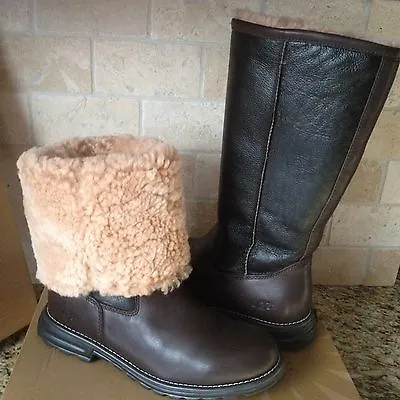 UGG Brooks Water-resistant Brown Leather Shearling Tall Boots Size US 5 Womens • $144.49