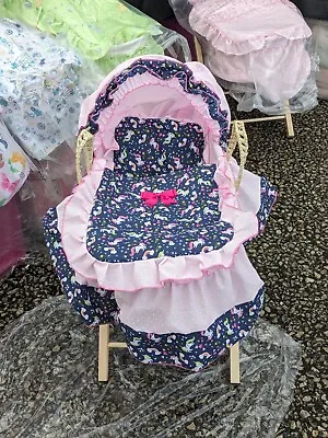 Navy And Pink Unicorn Dolls Moses Basket And Stand Made In The U. K. • £28