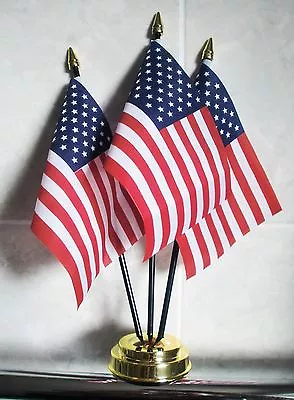 USA TABLE FLAG SET 3 Flags Plus GOLDEN BASE UNITED STATES OF AMERICA AMERICAN • £7.49