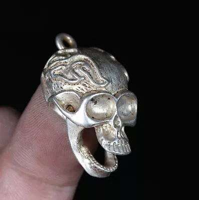 3.5CM Old Chinese Miao Silver Feng Shui Human Skeleton Skull Head Amulet Pendant • $12