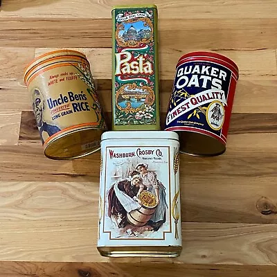 Lot Of 4 Vintage Kitchen Tins Gold Medal Flour Quaker Oats Uncle Bens Rice Pasta • $20