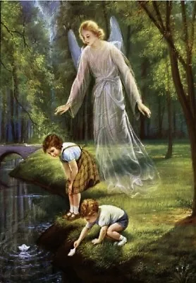 Vintage Guardian Angel Children Pond Paper Boats Spiritual Canvas Art Print • $25.75