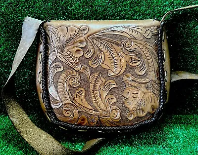 60s Mexican Hand Tooled Embossed Leather Shoulder Bag Handbag Purse VTG SW • $29.99