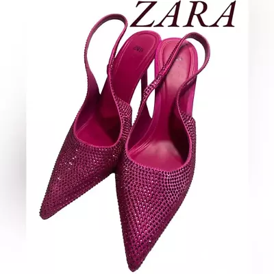 New ZARA Heeled RHINESTONE Diamonds￼ Slingback Fuchsia Pink USA 9 EUR 40 • $65