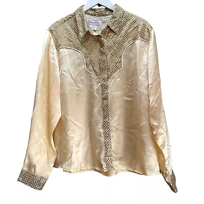 Vintage Panhandle Slim Womens XL Gold Sequin Satin Western Long Sleeve Blouse • $34.99