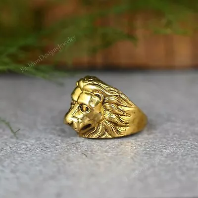 14K Solid Yellow Gold Lion Head Ring Brass Ring • $18.70