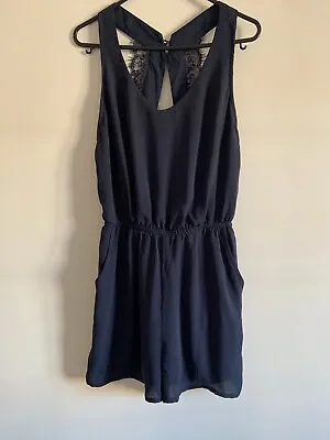 H&M Divided UK 8 Blue Blue Playsuit V-Neck Open Back Lace Detail Fully Lined NWT • £5