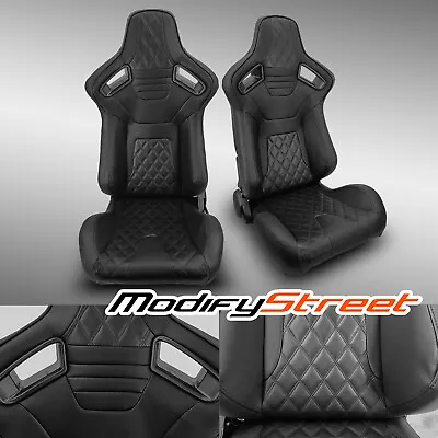 2 X BLACK PVC LEATHER/BLACK STITCH LEFT/RIGHT RACING BUCKET SEATS • $302.98