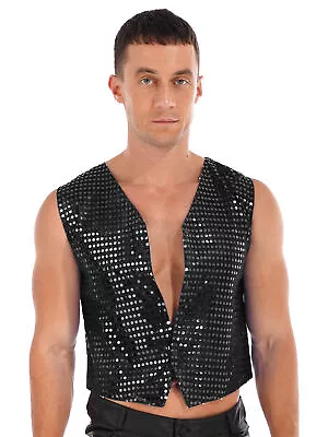 Men's Women Vintage Waistcoats Retro Disco Ballroom Vest Sparkly Sequin Jackets • £12.86