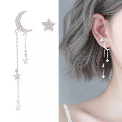 925 Silver Moon Star Tassel Earrings Stud Drop Dangle Women Wedding Jewelry Gift • $1.55