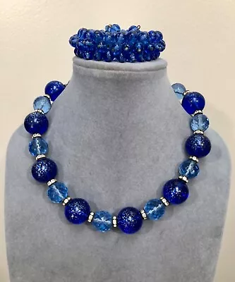 VTG 1950s COBALT Atomic GLITTER Fleck & Baby-Blue GLASS Beads & COIL BRACELET • $28.75