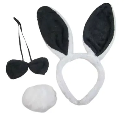 Bunny Rabbit Ears Headband Tail Bow Tie White Black 3 Pc Set Fancy Dress Costume • £5.99