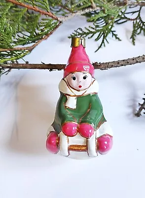 Christmas Glass Ornament Boy On A Sleigh Xmas Tree Decoration Vintage USSR • $12