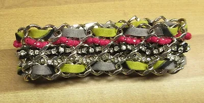 VERA BRADLEY Silver Tone Pink Clear Rhinestone Magnetic Wrap Statement Bracelet • $10.15