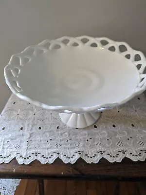 Vintage Milk Glass Large Fruit Compote Lattice Edge Pedestal 12''round 7  Height • $45