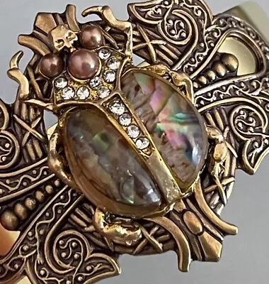 Scarab Bracelet Egyptian Revival Jewelry Abalone Rhinestone Brass Cuff • $28