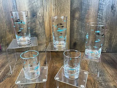 Vintage - LIBBEY ATOMIC AQUA FISH Barware GLASS TUMBLERS Set Of 5 Mid Century • $79.20