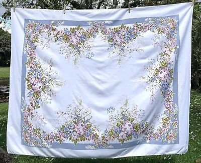 Vintage Blue White Pink Floral & Fruit Tablecloth Heavy Cotton 65” By 52 1/2” • $9.99