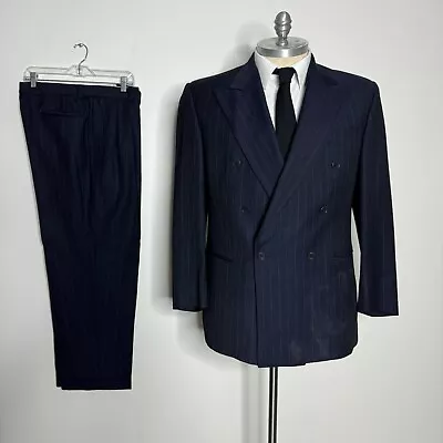 Vtg Custom Tailored Double Breast Suit Mens Stripe Blue Wool 44L 36W • $44.99