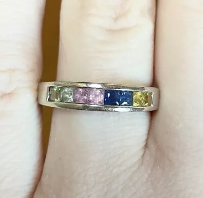 2.00Ct Princess Lab Created Sapphire Eternity Rainbow Ring 14k White Gold Plated • $87