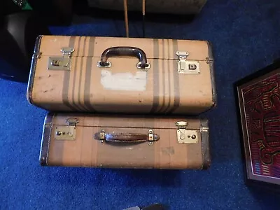 2 Antique TWEED SUITCASES W Leather Handle 1930 Vintage Distressed NICE Vintage • $79.99