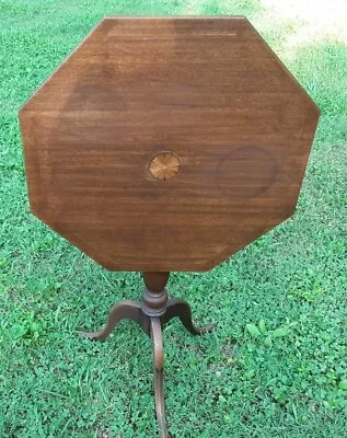 Antique Wooden Tilt Top Table With Fan Inlay Design (Mahogany?) Stamp 131 27 H • $230