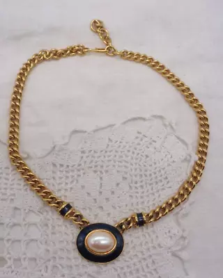 Vintage MONET Gold Tone BLUE ENAMEL FAUX PEARL Choker Necklace • $35