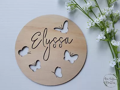 Personalised Wooden Name Wall Door Plaque Sign Nursery Baby Round Butterfly • $25