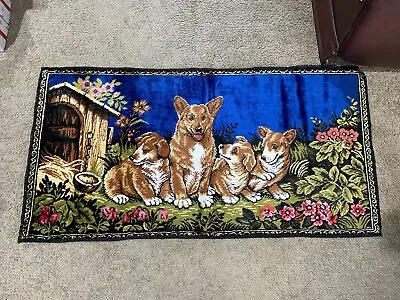 Vintage WELSH CORGI Mom & PUPPIES VELVET WALL  HANGING  38  X 19.5  Italy Blue • $38.77