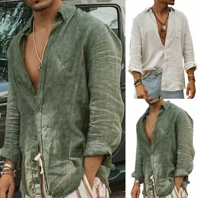 $13.68 • Buy Mens Long Sleeve Cotton Linen Lapel Shirts Casual Button Down V Neck Blouse Tops