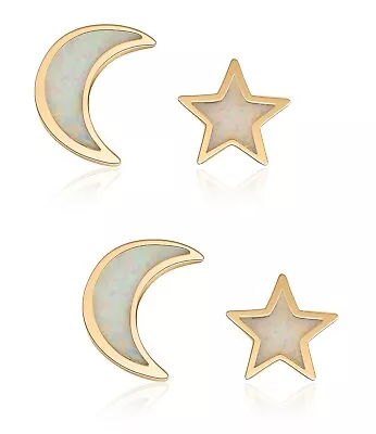 Buyless Fashion Women 14K Plated Opal Star Moon Earrings Sterling Silver 2 Stud • $11.67